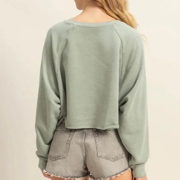 Double Zero Laid Back Sage Green Crop Sweatshirt — Size L - Picture 4 of 5
